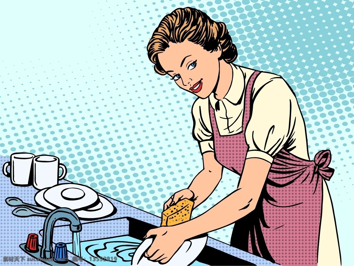 做 家务 女人 插画 做家务 厨房 洗碗 家庭主妇 手绘