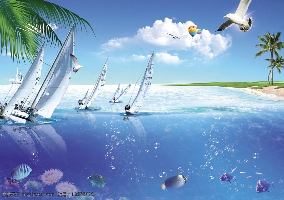 大海 帆船 广告设计模板 海边旅游 海鸥 蓝天白云 清凉 夏日 海边 风光 模板下载 夏日海边风光 海报 夏天 鱼 海南风光 源文件 促销海报