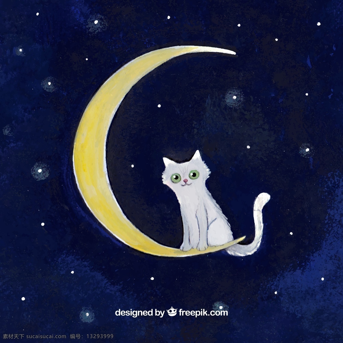 白色 彩绘 动物 卡通 可爱 猫咪 夜幕 月亮 月牙 上 矢量