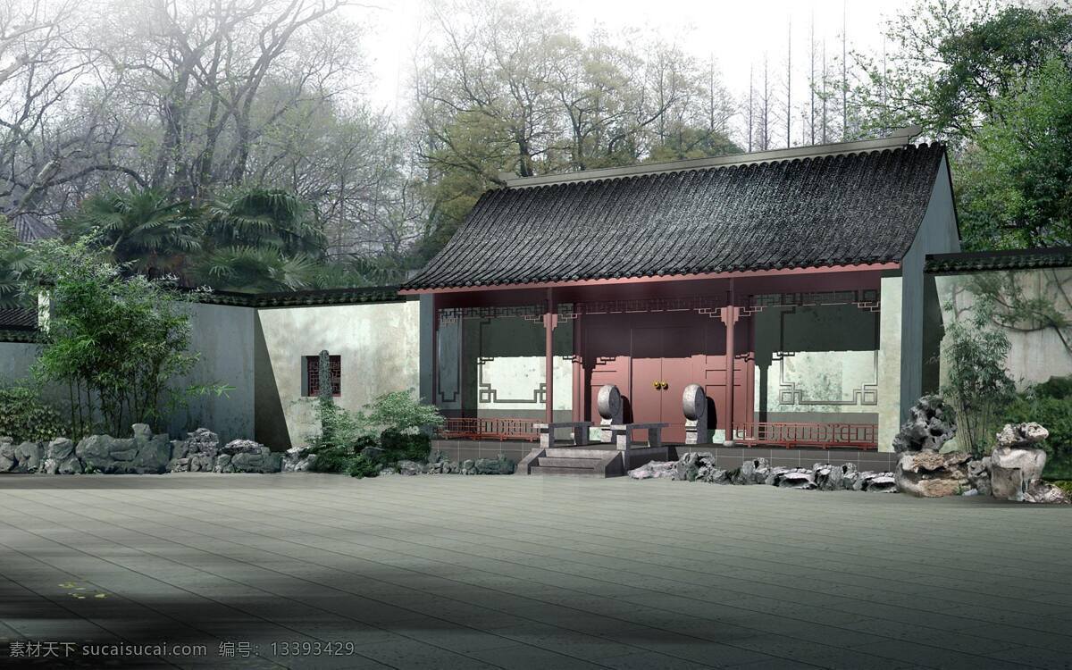 大屋免费下载 石狮子 大屋 大院门 家居装饰素材 建筑设计