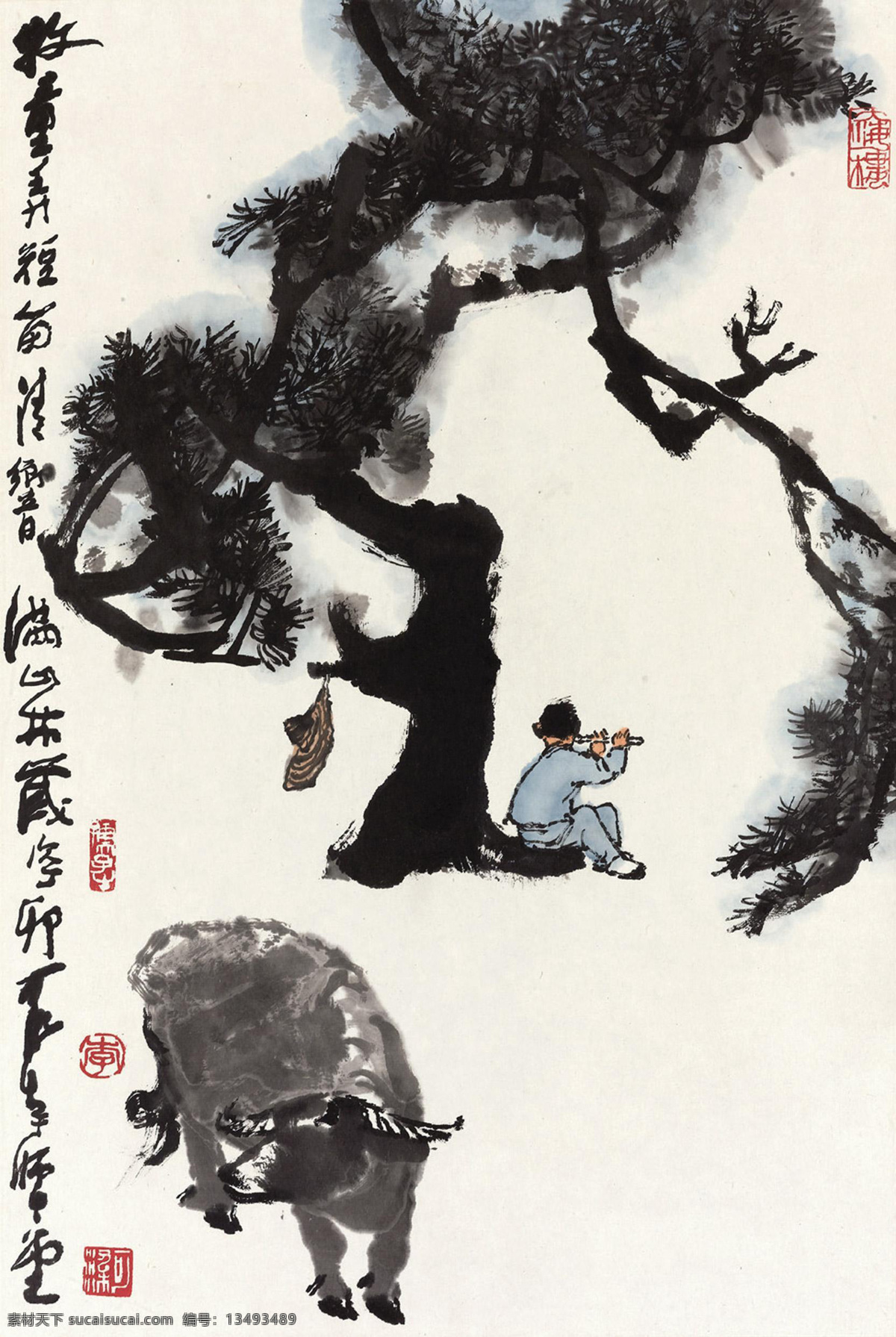 牧童吹笛图 李可染 国画 牧牛 牧童 牧童放牛 牛 水牛 松树 牧童吹笛 水墨 水墨画 中国画 绘画书法 文化艺术 国画李可染