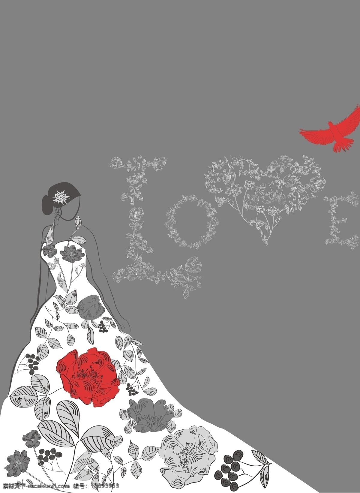 穿 婚纱 新娘 背景 美女 花朵 爱心 矢量素材 灰色 love 卡通 海报 高清 设计图 幸福