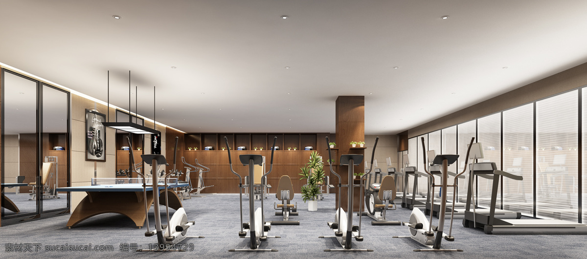 健身房 3d 模型 效果图 健身器械 跑步机 乒乓球案 玻璃墙 地毯 vr灯光