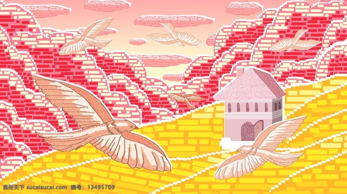 80s 复古 像素 黄昏 大雁 飞 插画 房子 云 晚霞 微博配图 手机用图 公众号配图
