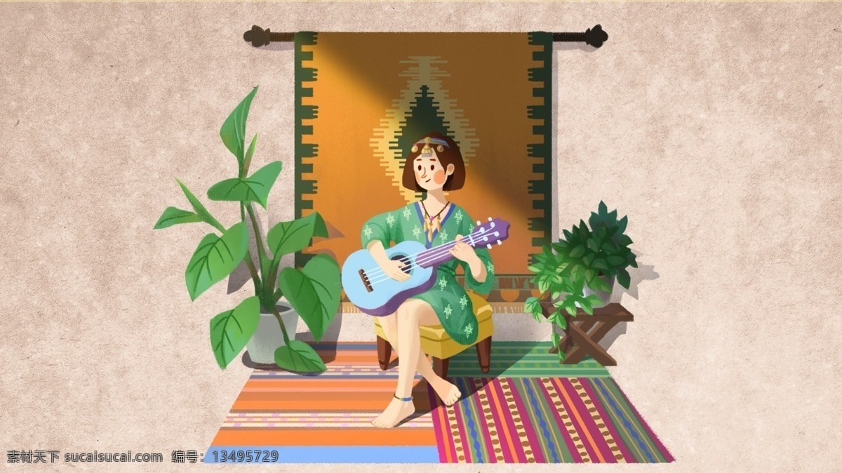 唯美 插图 插画 弹 吉他 波西 米亚 少女 配图 海报 弹吉他 少女插画 波西米亚少女 少女弹吉他
