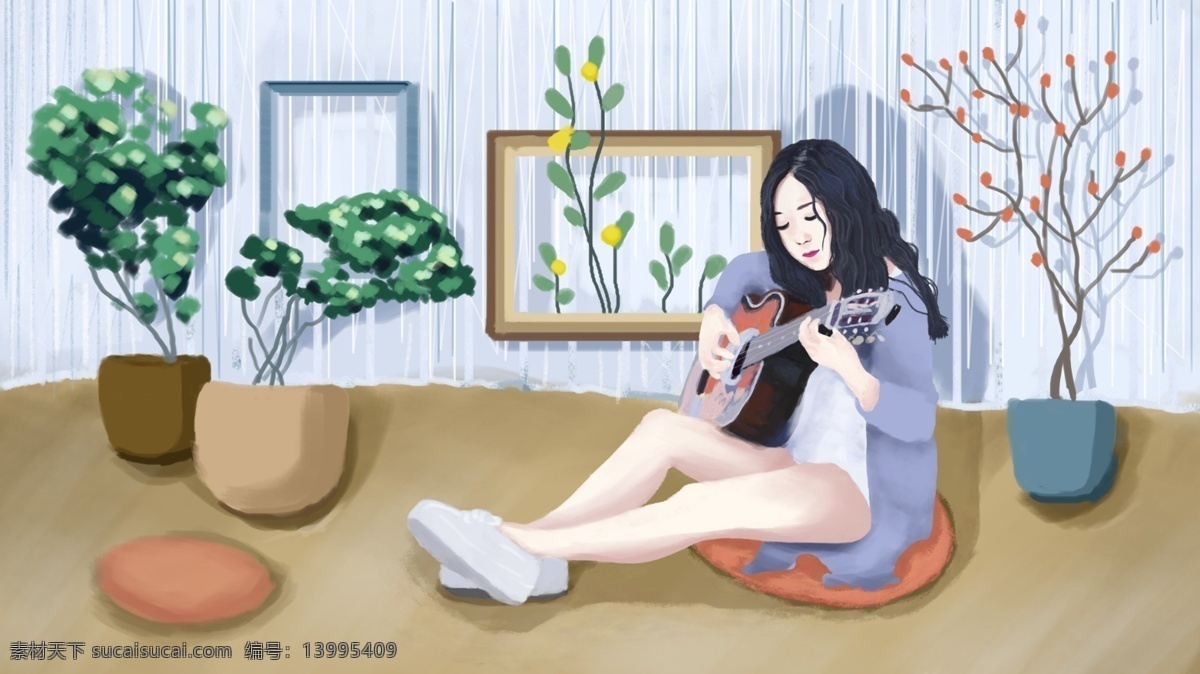 早安你好 小清新 插画 绘画 女孩 吉他 配图 公众号配图 早安