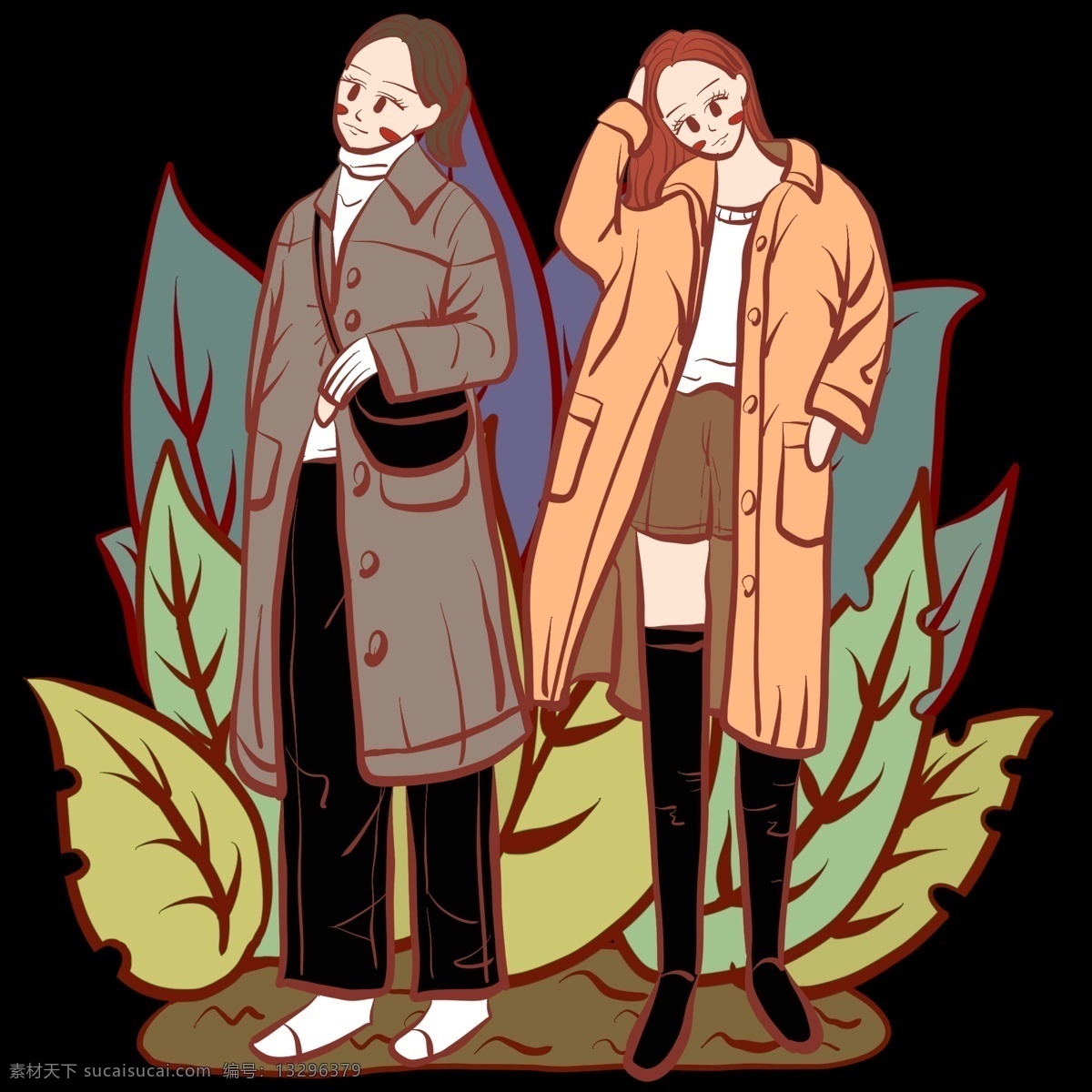 小 清新 成熟 少女 女生 卡通 插画 青春少女 文静少女 红发女郎 大衣 长款大衣 长筒靴 长裤 手绘 复古 植物 植被叶片草丛 双十二 服装 电商 活动 插图 可爱