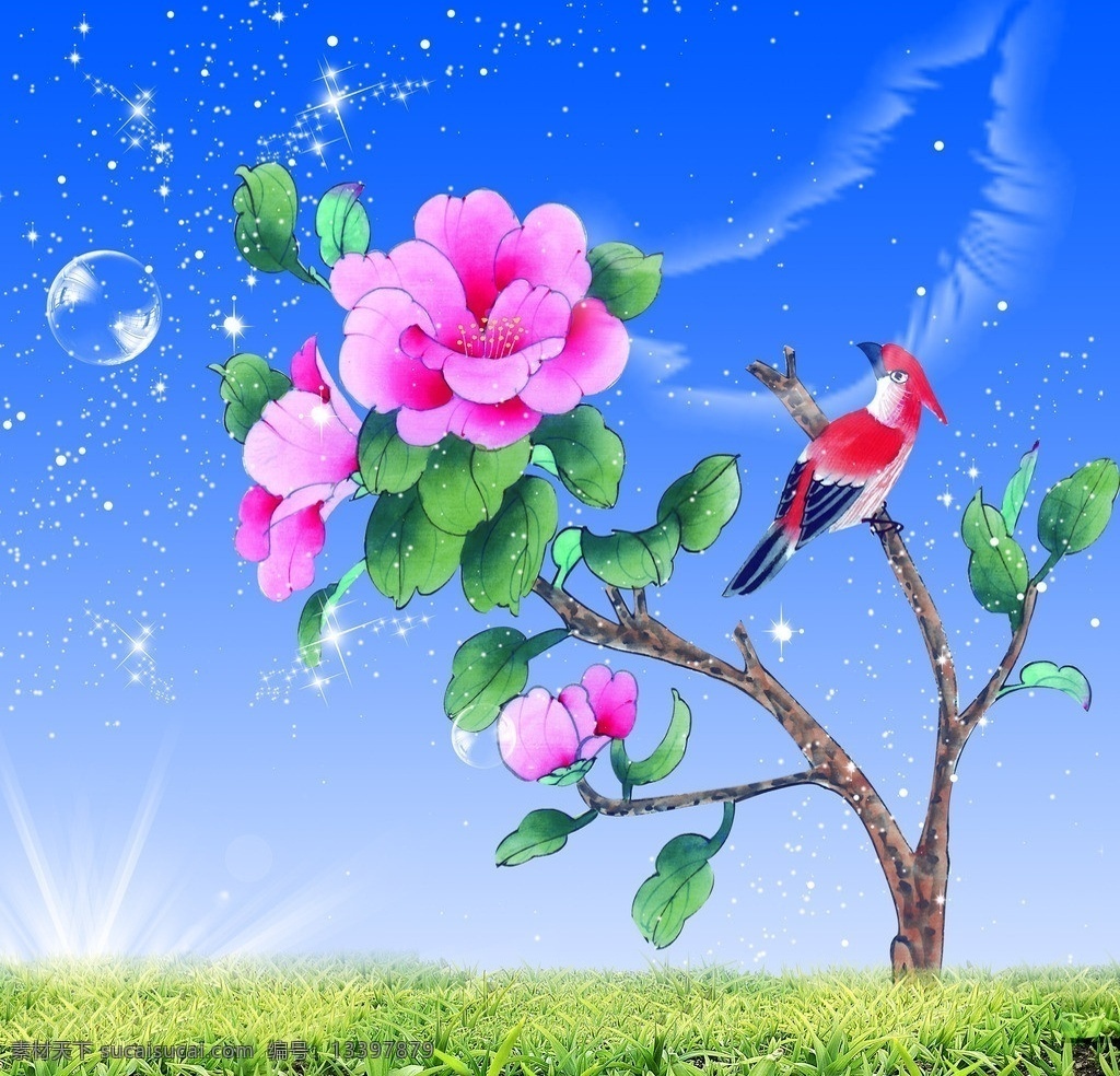 牡丹花 花鸟图 璀璨星空 绿地 泡泡 背景素材 分层 源文件