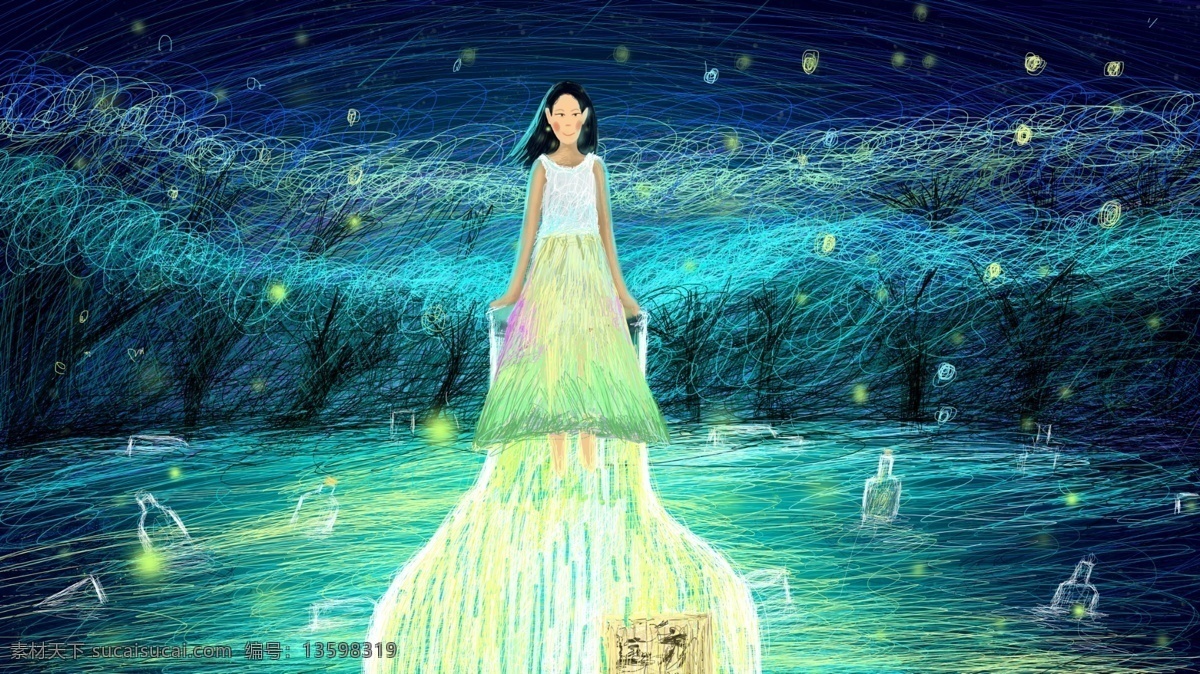 漂流 瓶 女孩 治愈 系 线圈 原创 插画 漂流瓶 荧光 配图 壁纸 治愈系