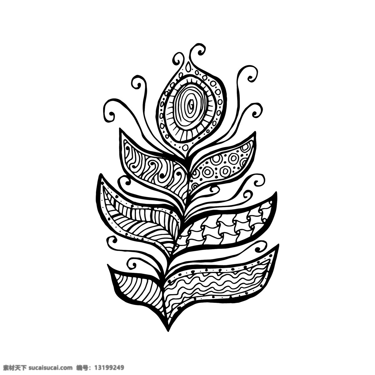 装饰 线条 艺术 涂鸦 式 部落 孔雀 羽毛 插图 背景 矢量 轮廓 孤立 民族 印度