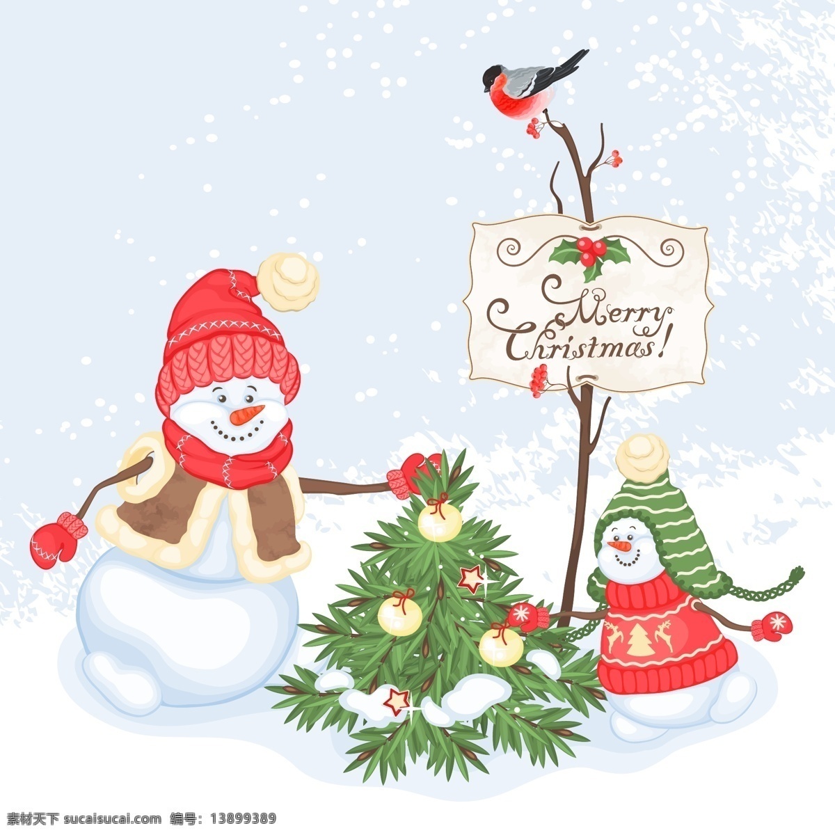 圣诞节 卡通 彩绘 插画 矢量 果实 卡通插画 圣诞树 树枝 小鸟 新年快乐 雪人 圣诞节彩绘 圣诞节祝福 节日素材 其他节日