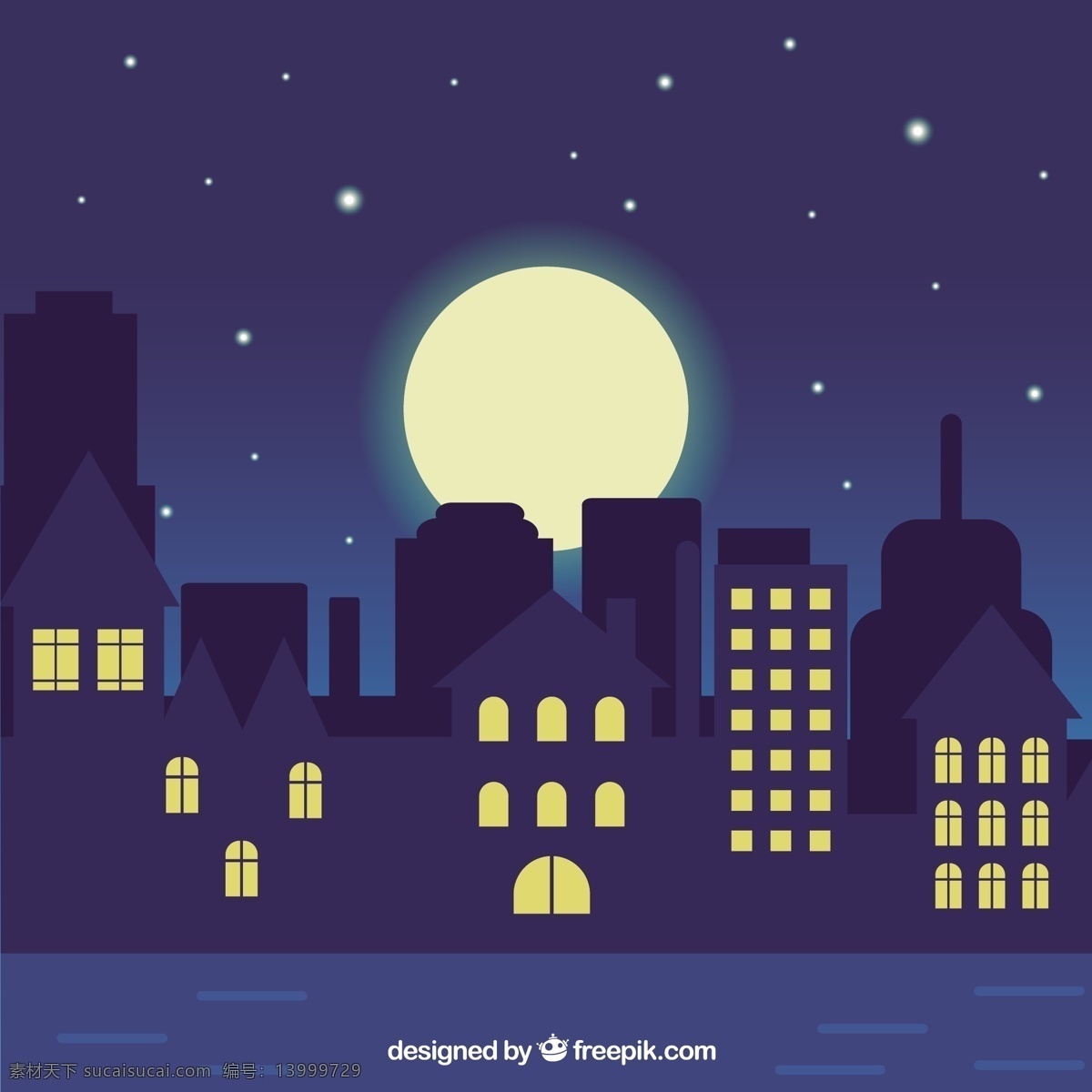 夜间 城市 插图 房子 建筑 道路 平面 月亮 夜晚 灯光 窗户 城市建筑 城市剪影 剪影 摩天大楼 蓝色
