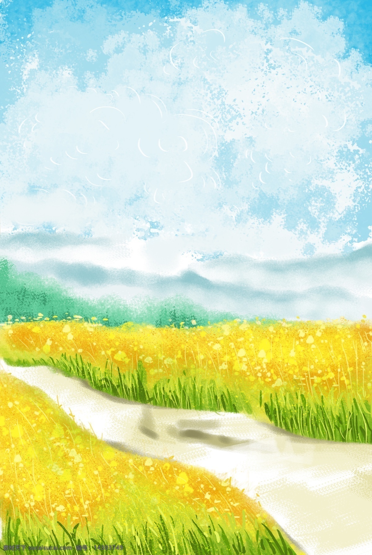 卡通 黄色 花朵 免 抠 图 绿色森林 植物 蓝天白云 时尚云彩 新鲜的草地 卡通森林