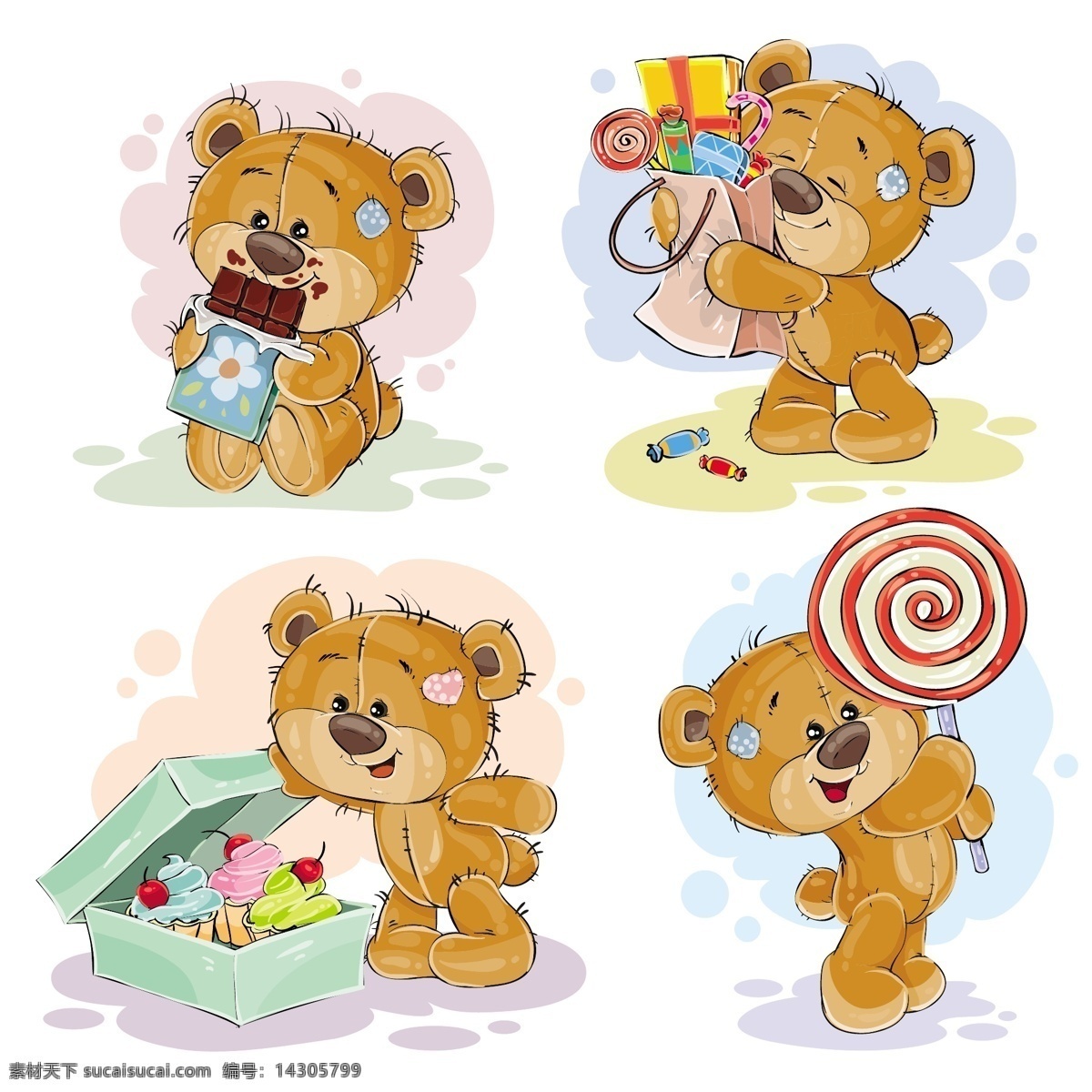 可爱 泰迪 熊 矢量 卡通 巧克力 糖果 棒棒糖 礼物 礼盒 纸杯蛋糕 食物 泰迪熊