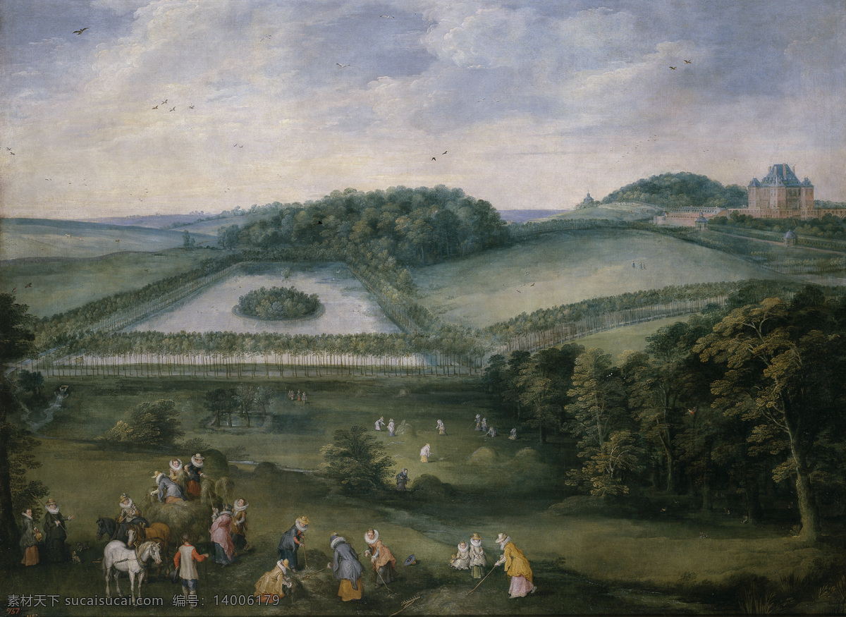 古典油画 贵族 绘画书法 文化艺术 油画 皇家 园林 设计素材 模板下载 皇家园林 绿色平原 妇人们 种地