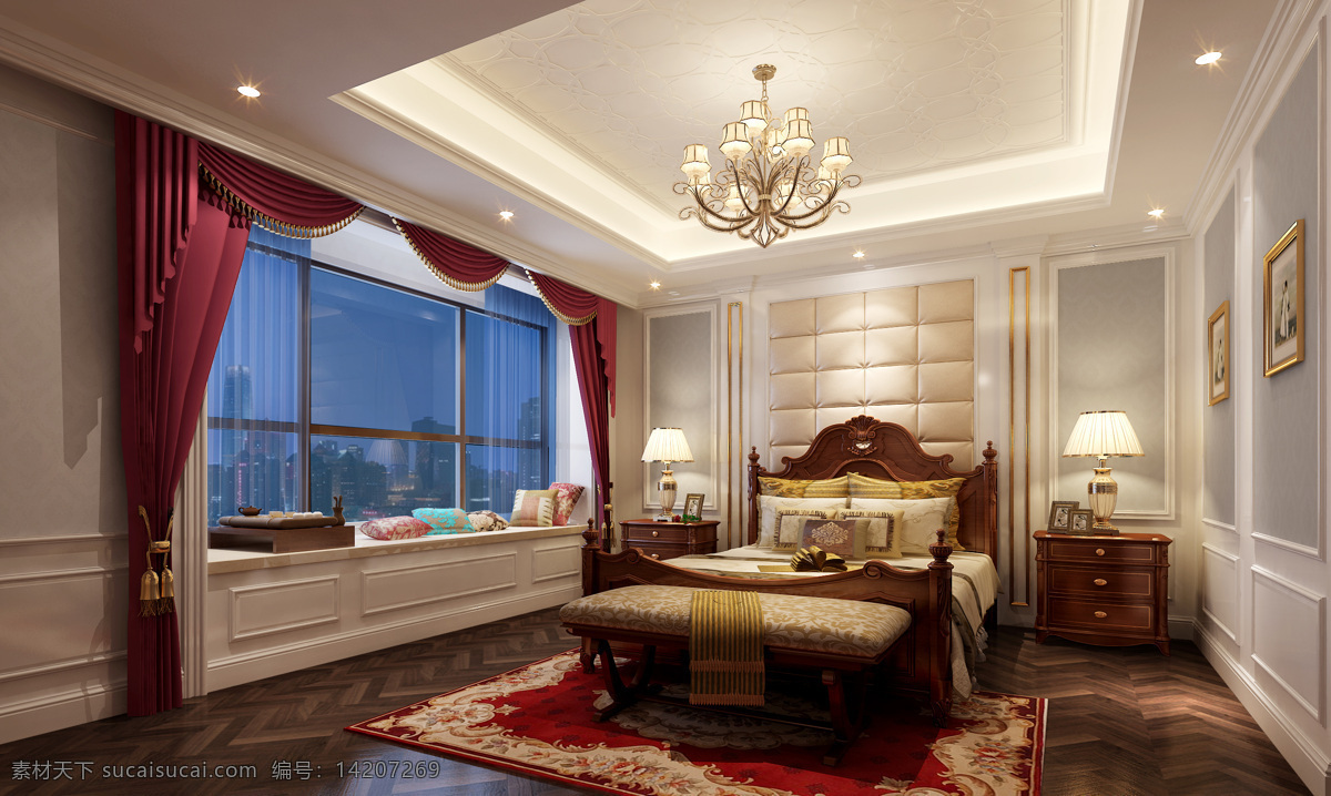 欧式 风格 卧室 红色 窗帘 室内装修 效果图 红色花纹地毯 卧室装修 水晶吊灯 红色窗帘