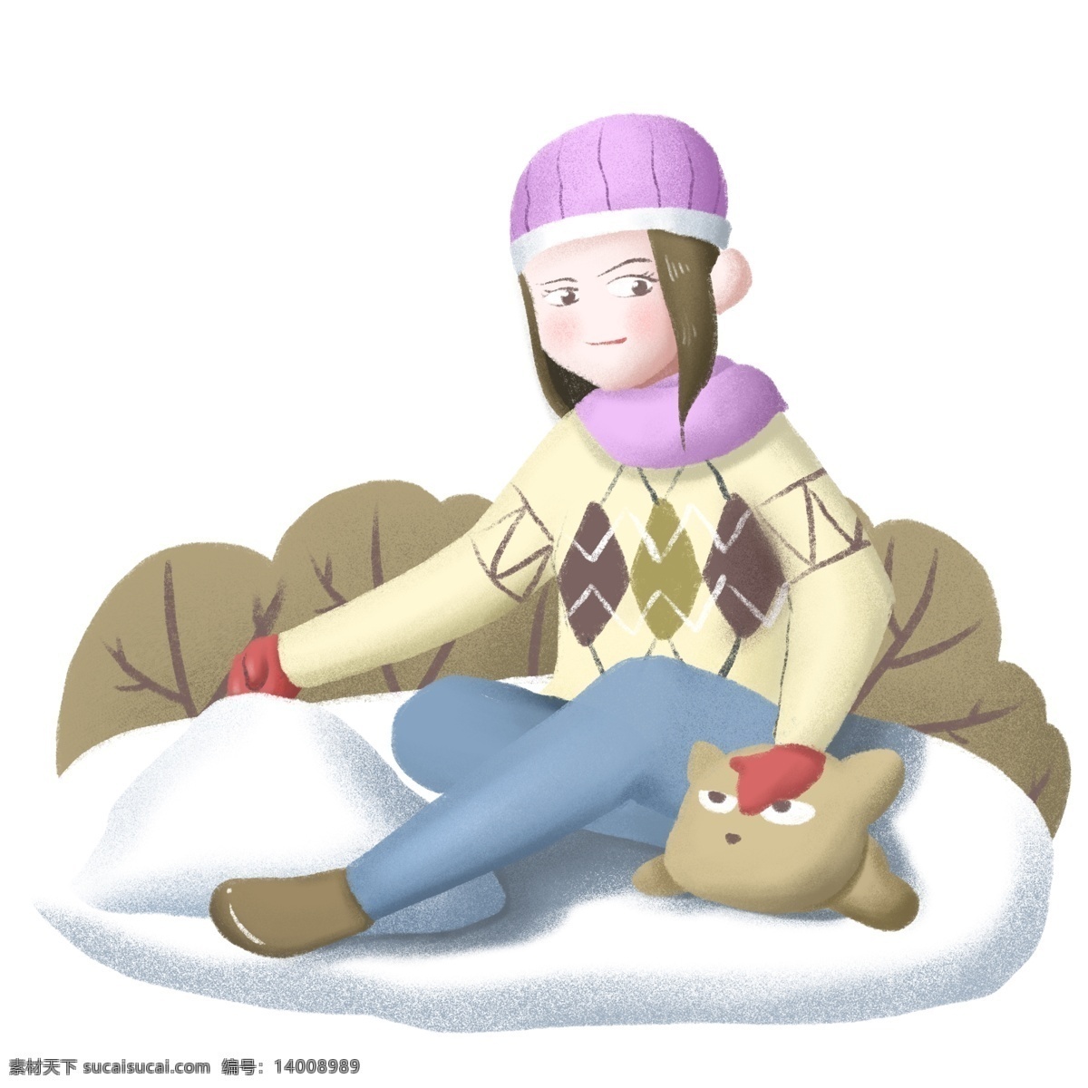 大寒 人物 猫咪 插画 漂亮的小女孩 可爱的猫咪 白色的雪地 冬日雪景 手绘 紫色的帽子