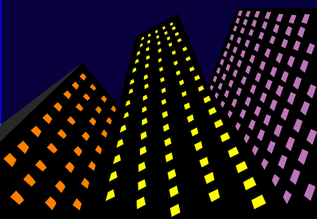 扁平 摩天大楼 光 夜 结构 黄色 紫色 橙色 窗口 城市 市容 晚上
