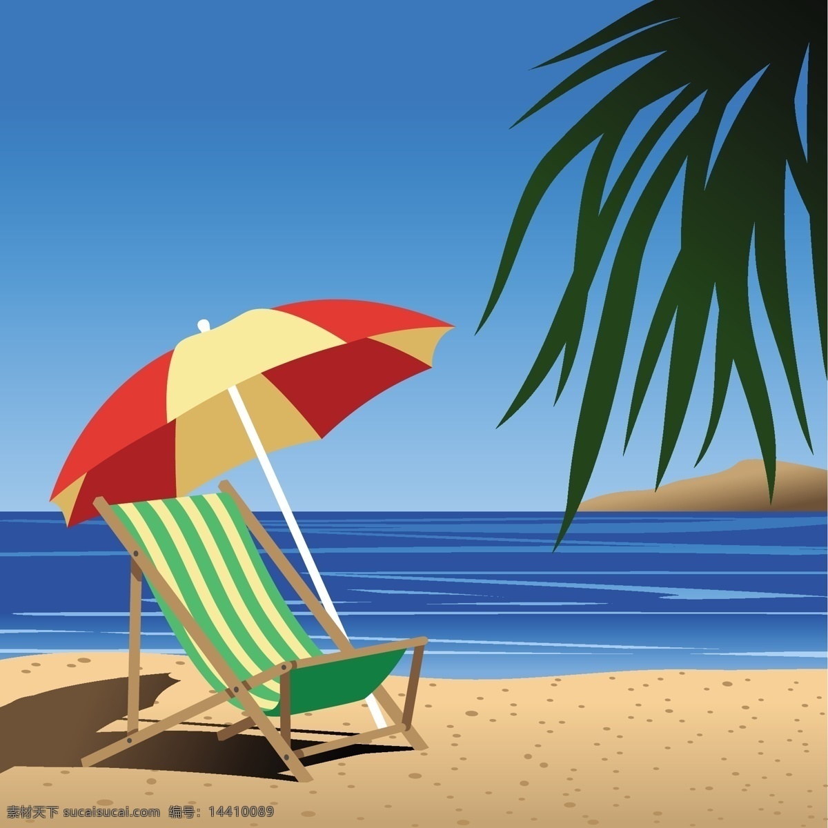 夏日 美丽 悠闲 海滨 风光 矢量 大海 海边风光 海滩 沙滩 沙滩椅 矢量风景 矢量图 树叶 夏天 遮阳伞 其他矢量图