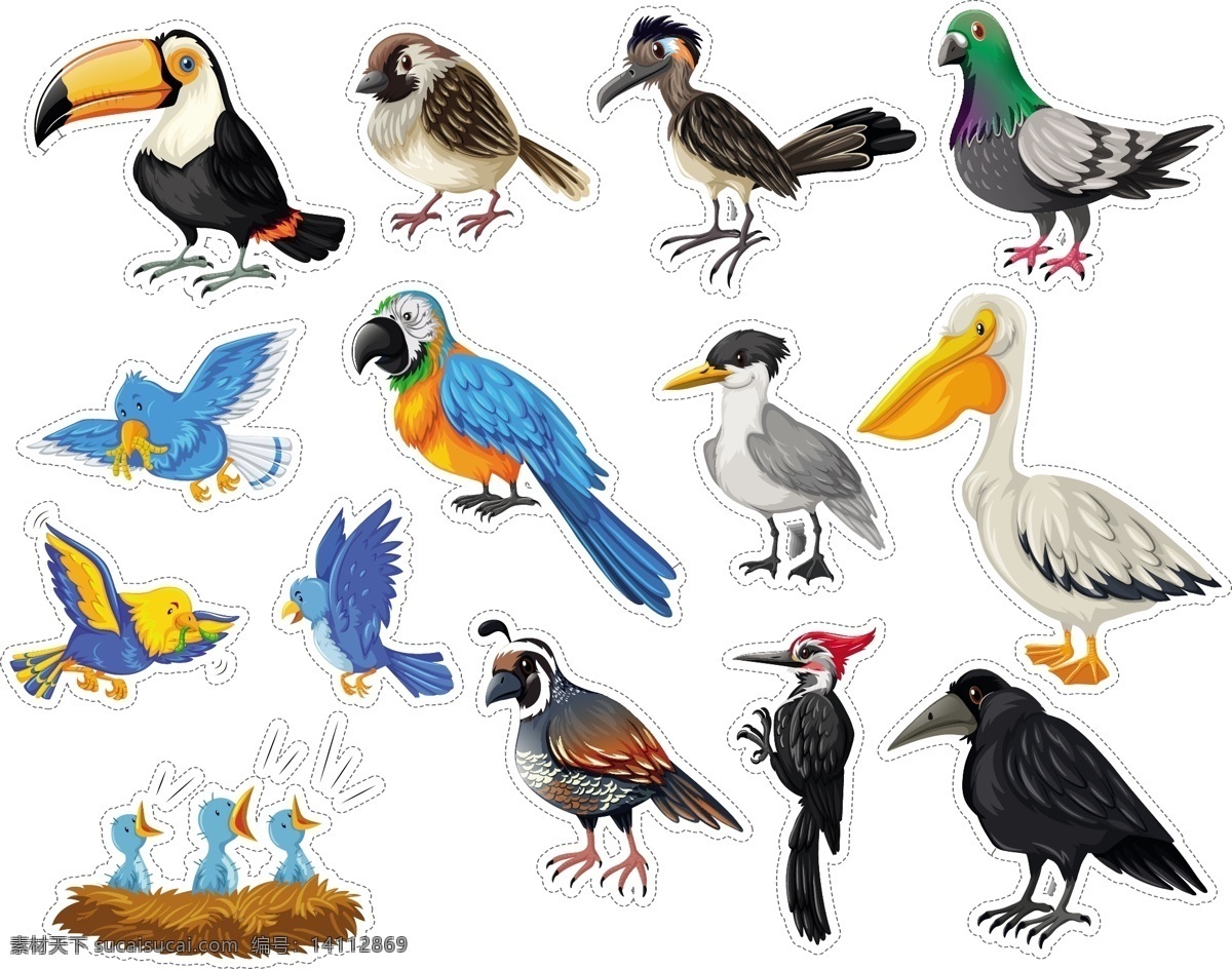 鸟贴纸收集 鸟 贴纸 动物 颜色 鸟类 彩色 鹦鹉 集合 乌鸦 有色 麻雀 巨嘴鸟 鹈鹕 色