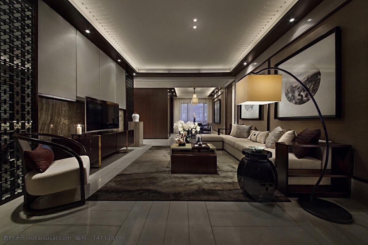 现代 时尚 客厅 深灰色 毛 地毯 室内装修 效果图 深色地板 深色地毯 暖黄色落地灯 客厅装修