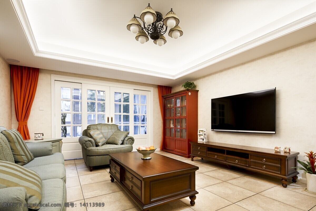 现代 时尚 客厅 褐色 长 电视柜 室内装修 效果图 瓷砖地板 蓝灰色沙发 木制茶几 木制电视柜 浅色背景墙