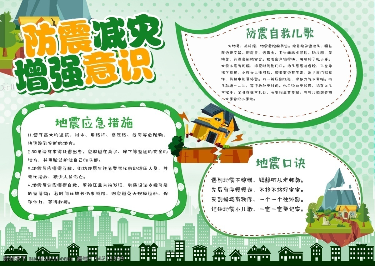 绿色 清新 防震减灾 地震 逃生 知识 公益 小报 手抄报 防震避灾 地震逃生知识 防震校园小报