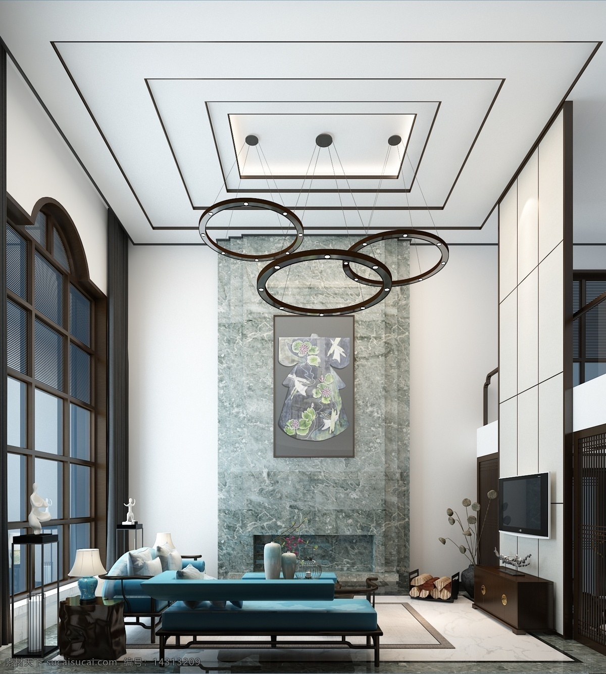 现代 时尚 客厅 三环 吊灯 室内装修 效果图 客厅装修 三环吊灯 蓝色茶几 浅色地毯