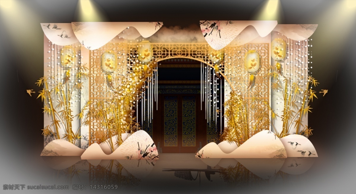 简约 新 中式 厅 门 包门 区 婚礼 效果图 香槟 灯笼 竹子 新中式 中式拱门 婚礼手绘 婚礼效果图