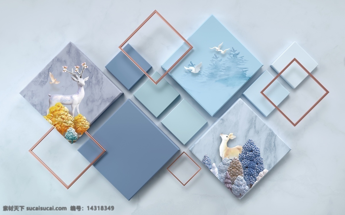 立体 菱形 几何 图案 鹿 羚羊 鸟 树 格子 背景墙 3d设计 3d作品