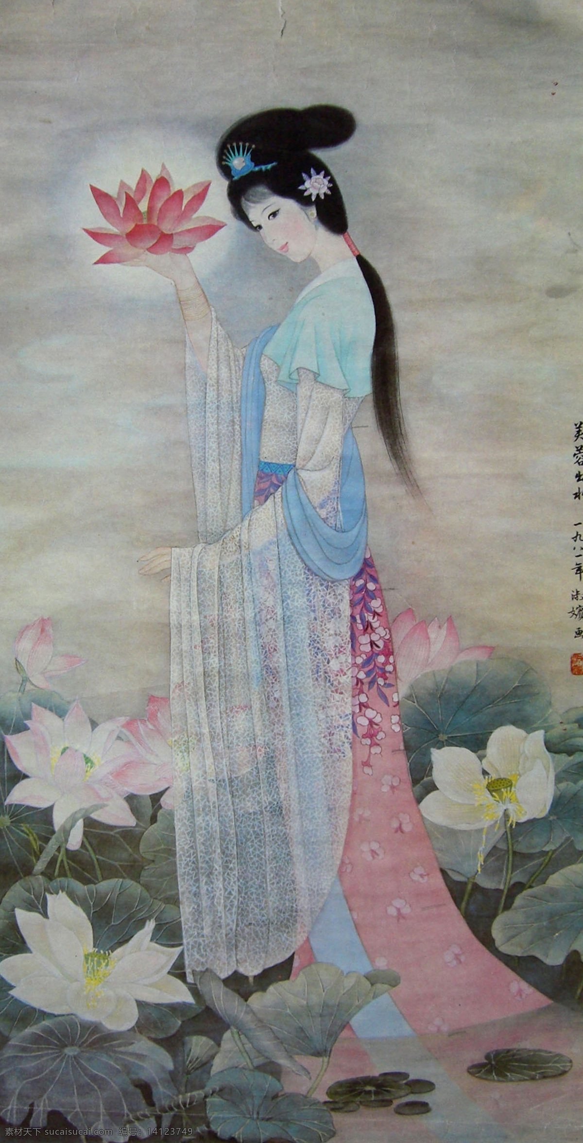 出水芙蓉 山竹 围栏 美女 簪花 飘带 长裙 荷花 荷叶 古典 国画 董淑嫔 工笔 仕女 绘画书法 文化艺术