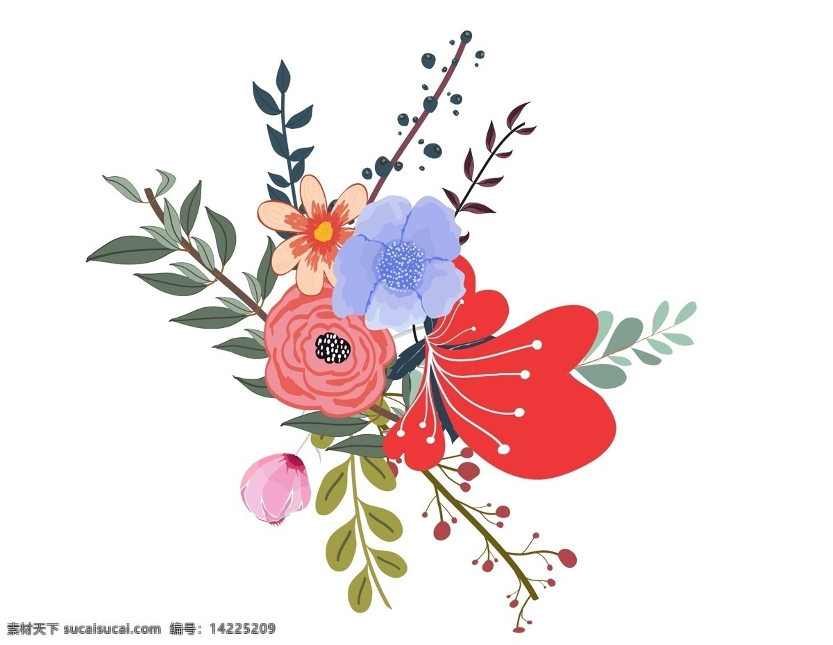 卡通 彩色 花朵 元素 小清新 中国风 水墨画 绿叶 手绘 树枝 ai元素 矢量元素