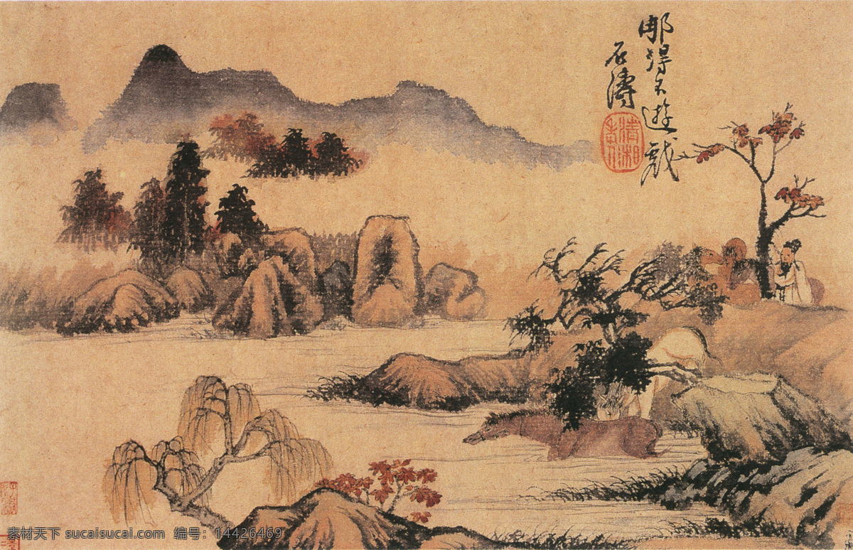 1a0599a 中国 名画 山水图 棕色