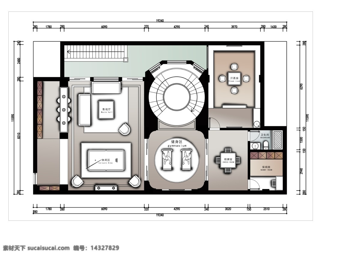 别墅设计彩图 负一层 平面彩图 别墅 平面设计 区域功能 白色