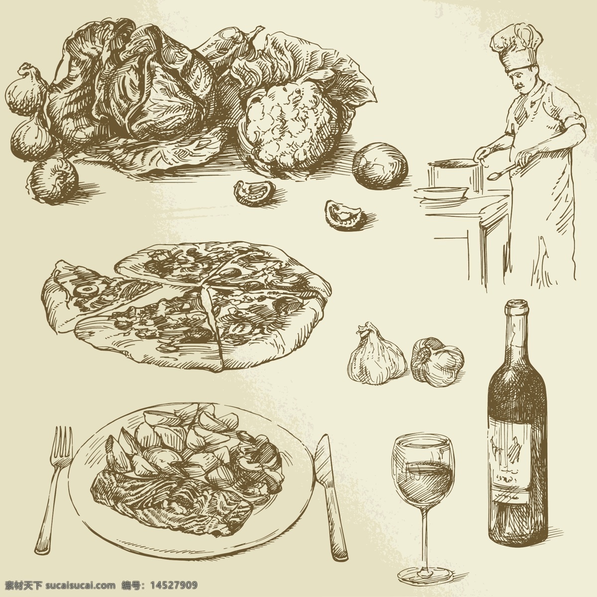 手绘 厨师 食物 厨师与食物 手绘厨师 手绘食物 披萨 红酒 蔬菜