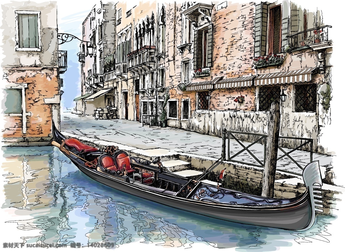 水彩 绘 水上 城市 矢量 建筑 船 河流 意大利 威尼斯 矢量图 eps格式 白色