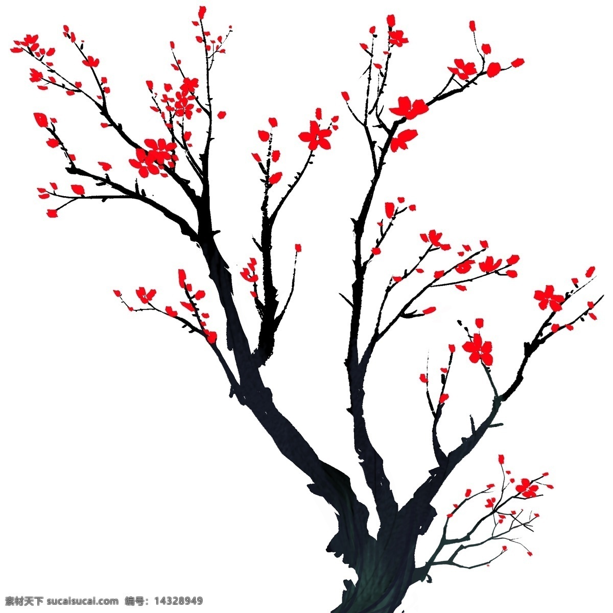 手绘 植物 梅花 盛开 中国风 树木 红色 装饰 绿色植物 冬日里 贴画 水彩风格 灌木科属 分支