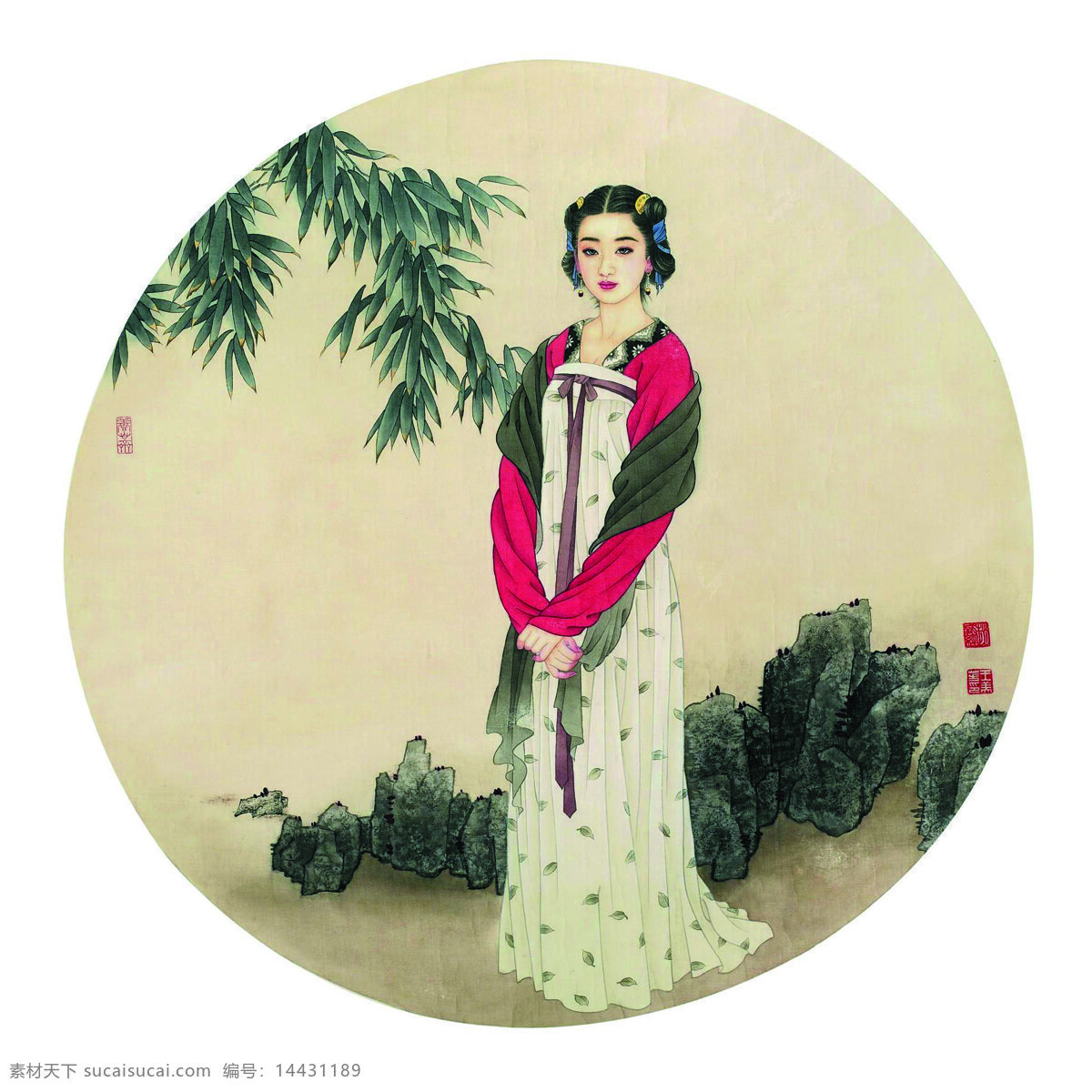 古代仕女图 美术 中国画 彩墨画 人物画 女人 少女 仕女 丽人 竹子 石头 文化艺术 绘画书法