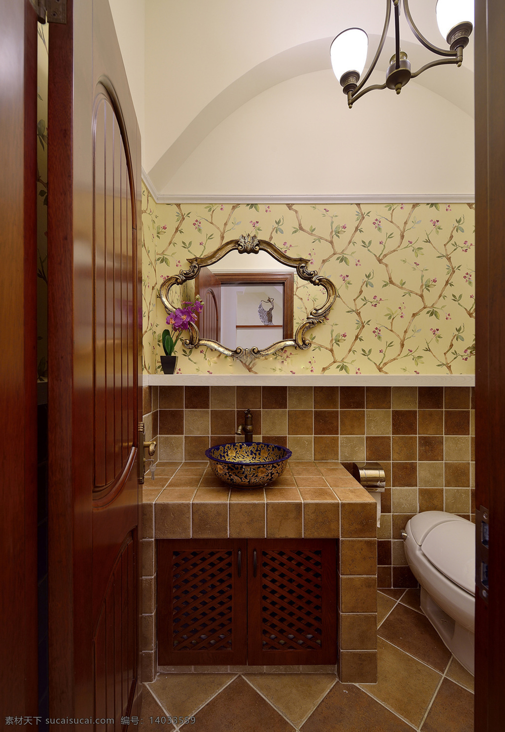 田园 卫生间 小 碎花 背景 墙 室内装修 效果图 浴室装修 小碎花背景墙 浅褐色洗手台 格子地板