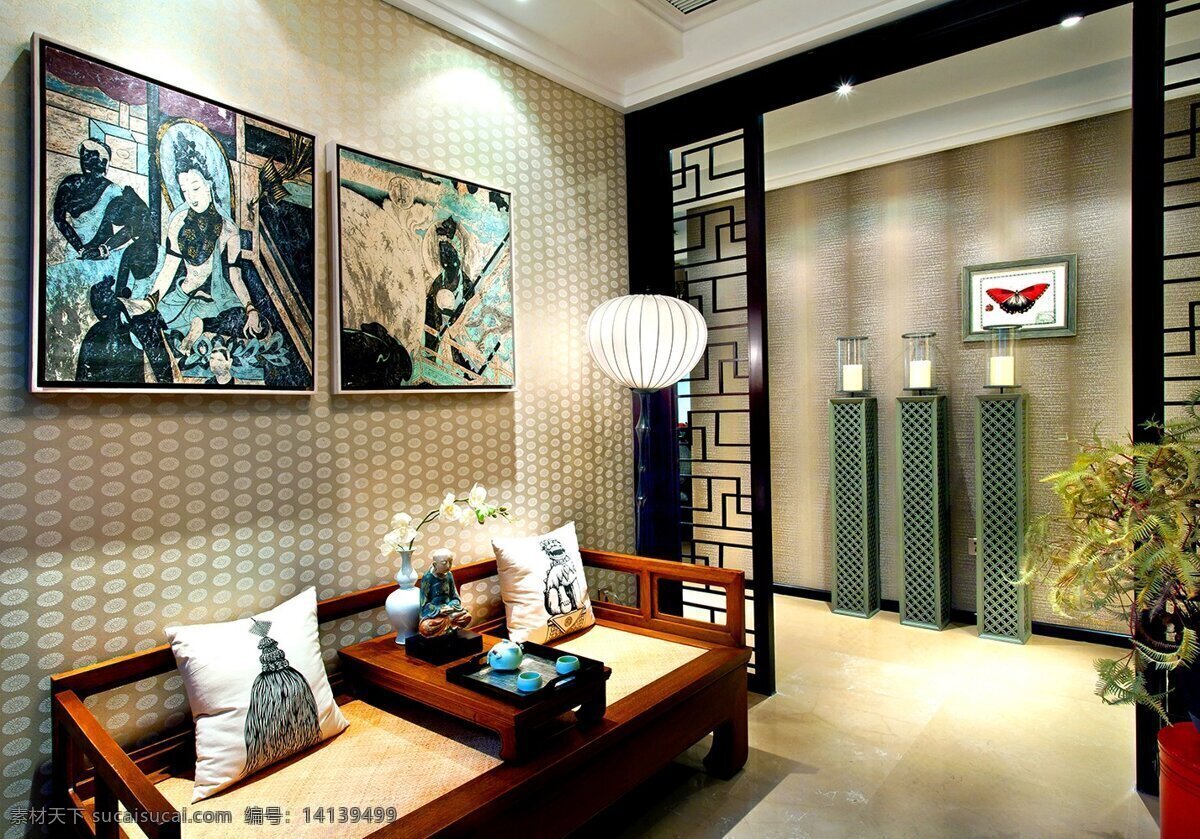 简约 客厅 木质 屏风 装修 效果图 白色灯光 白色射灯 壁画 灰色地板砖 条纹墙壁 椅子