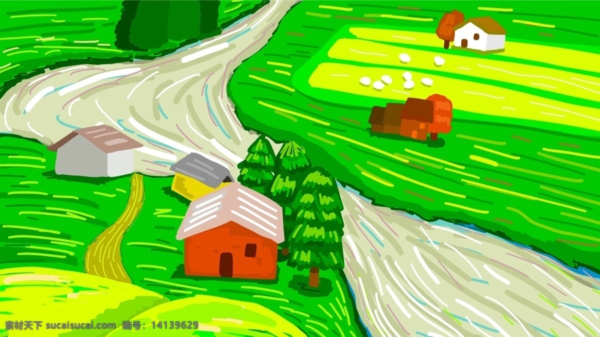 创意 彩绘 田 乡村 插画 背景 彩色背景 田园 海报背景 背景素材 村庄 房屋 插画背景 banner 广告背景 psd背景