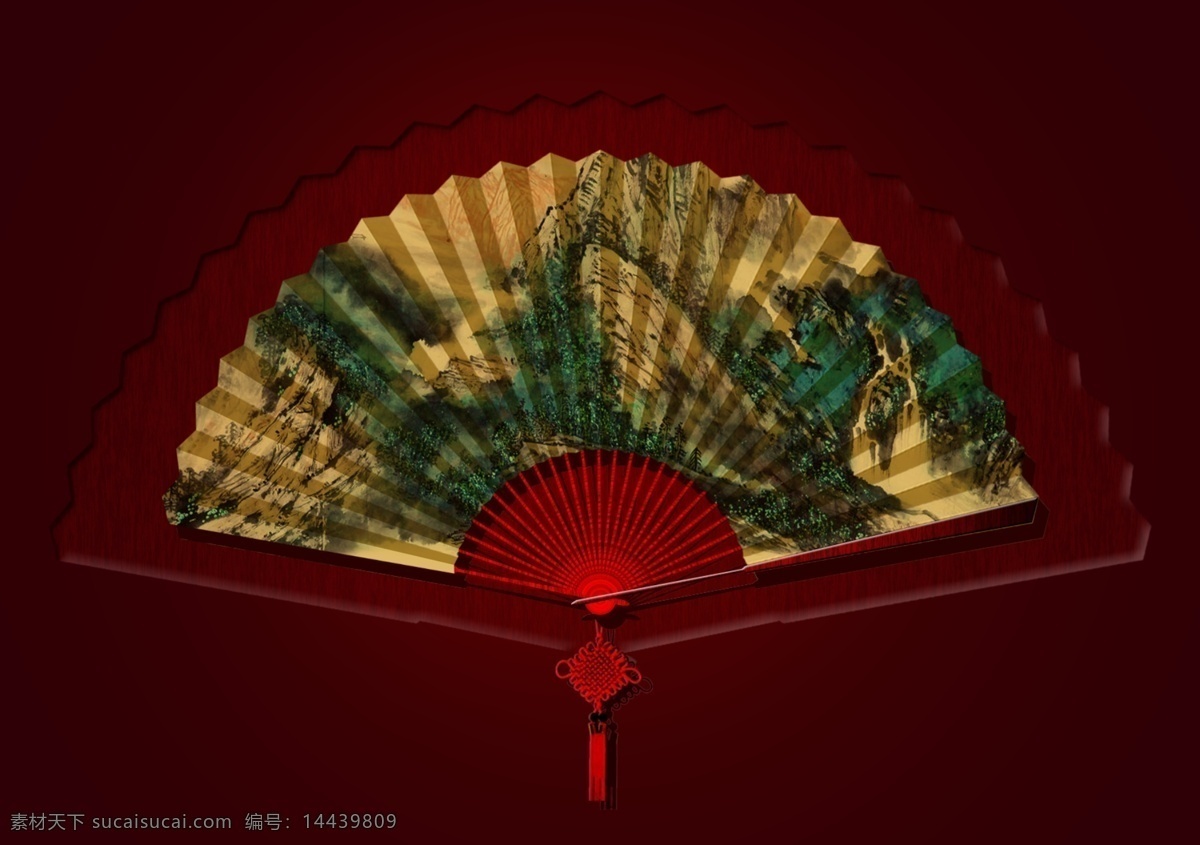 扇子 传统文化 大气 红色背景 山水 文化艺术 效果 psd源文件