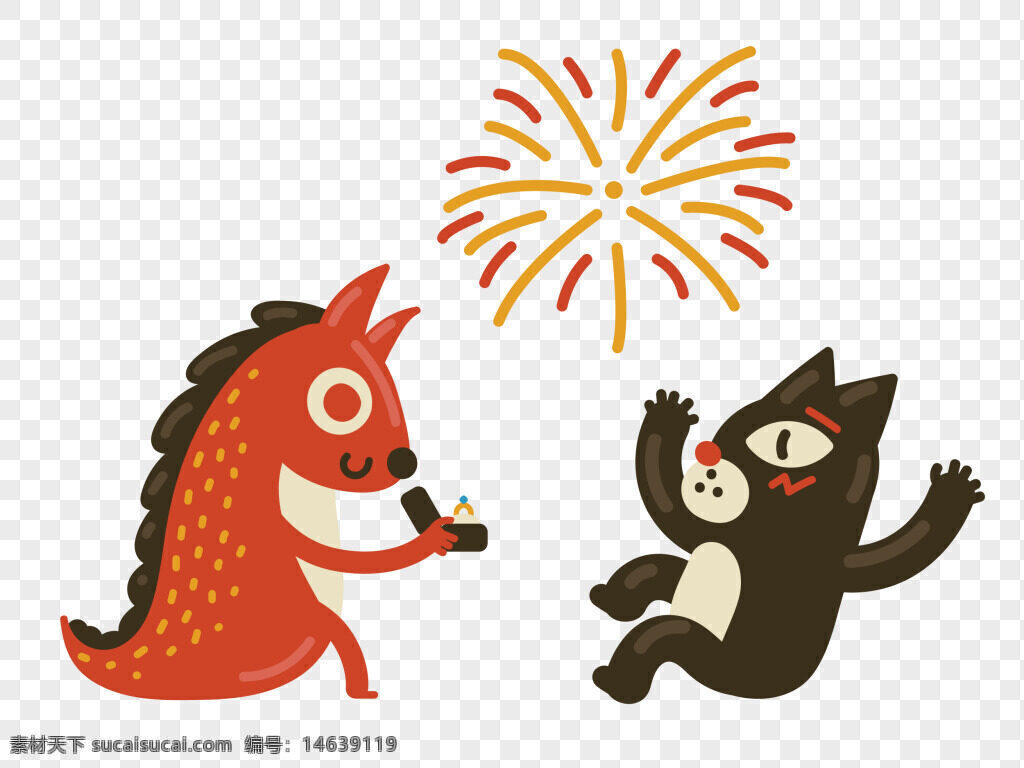 手绘 插画 抽象 红色恐龙 求婚 黑色小猫 烟花 动漫卡通 创意设计 温馨场景 小动物 情侣主题 节庆氛围 童趣 浪漫氛围