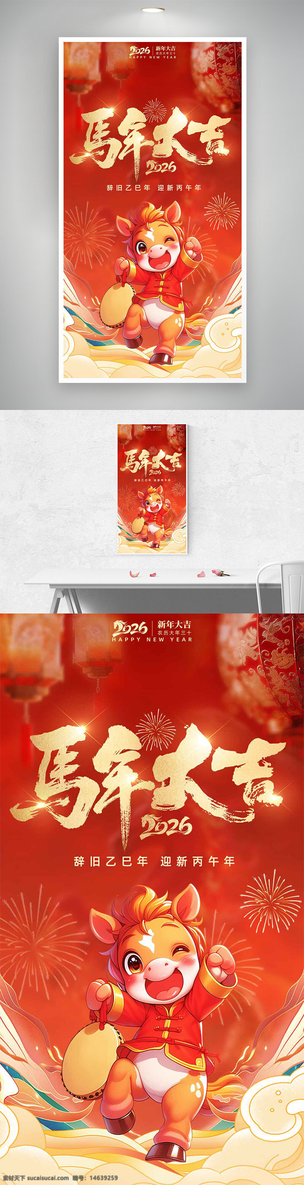 马年大吉 2026 国潮风 手绘风格 卡通小马 新年快乐 春节主题 节日海报 红色背景 灯笼插画 烟花图案 创意设计
