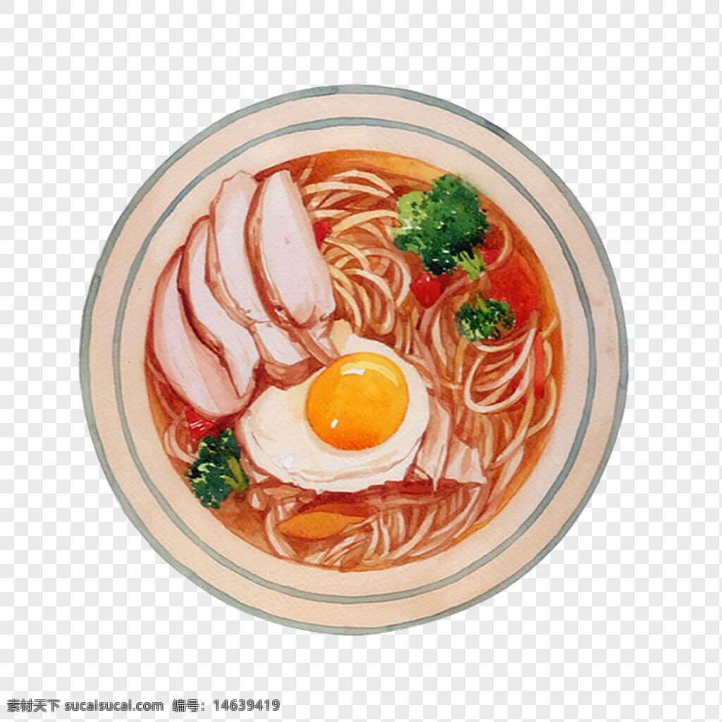 手绘 猪肉片 荷包蛋 西蓝花 红汤 拉面 插画 绘画 俯视图 美食 日式拉面 中式面条 艺术设计 生活方式 免抠素材