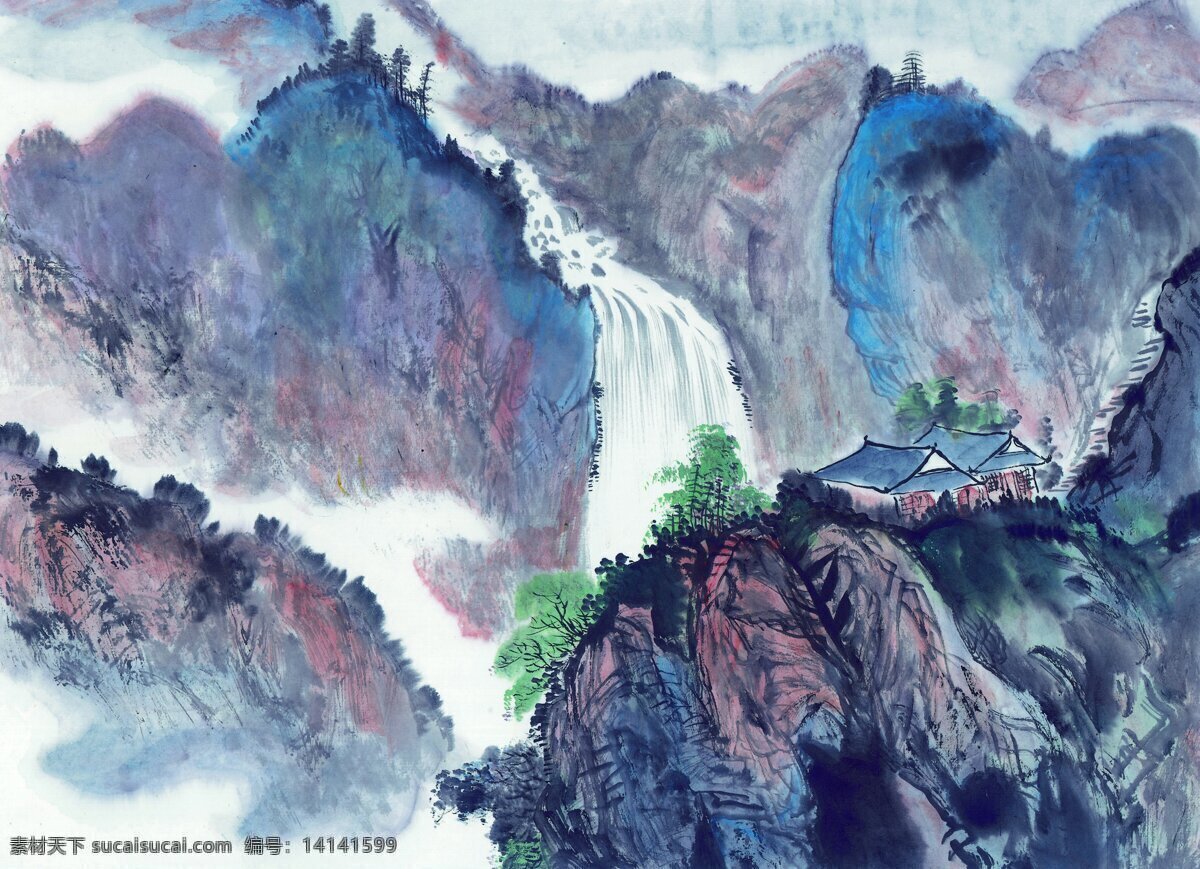 山峰 瀑布 房屋 水墨画 中国画 中国艺术 绘画艺术 国画 装饰画 中堂画 书画 文化艺术 书画文字