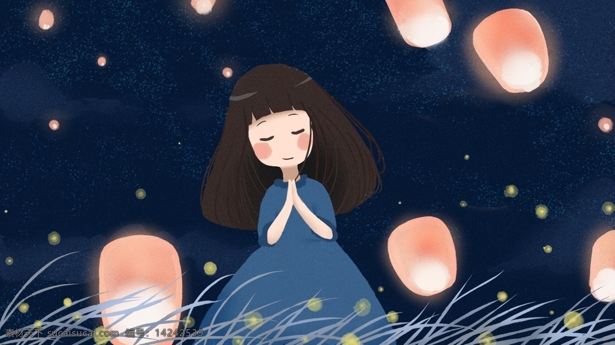 中元节 祈愿 少女 可爱 梦幻 女孩 萤火虫