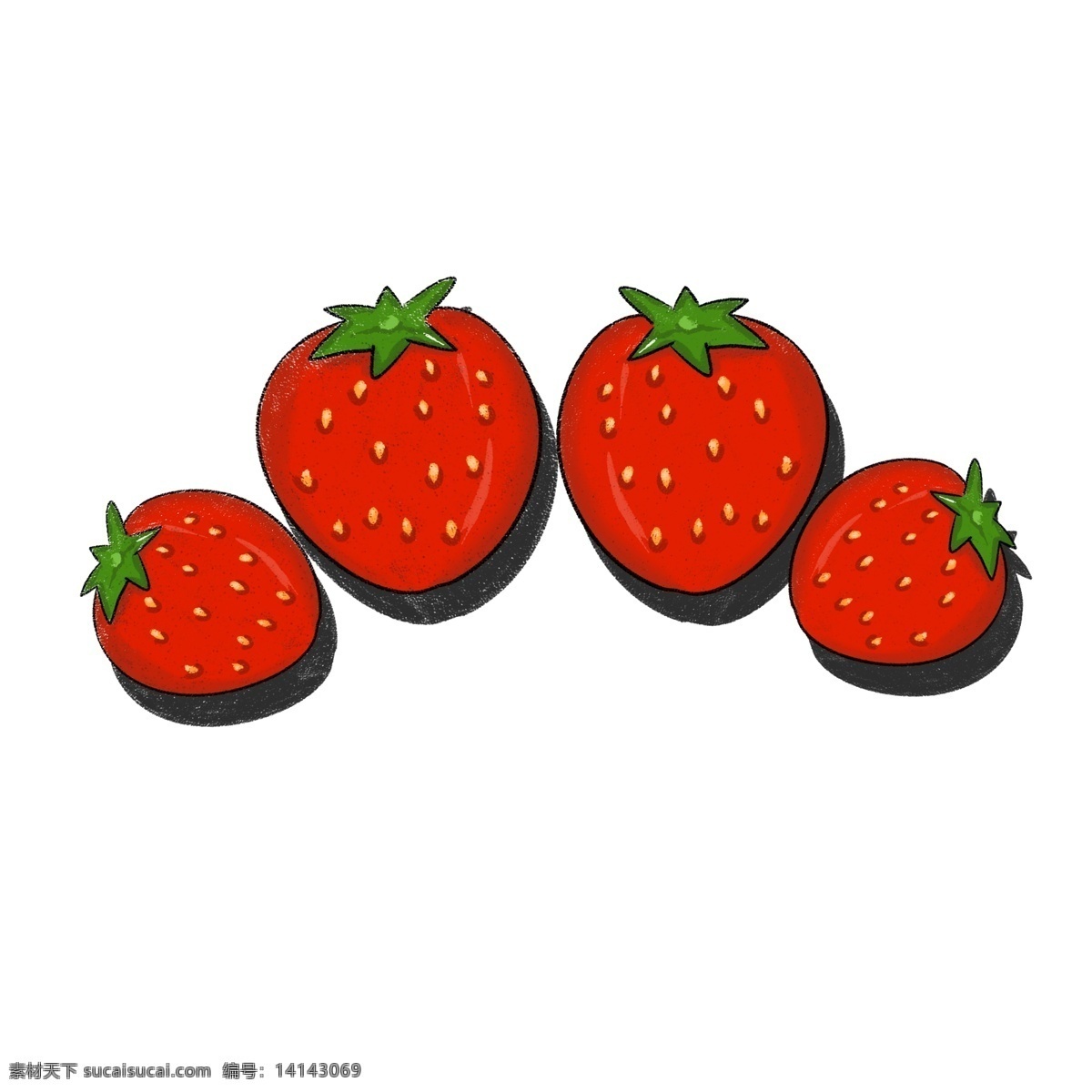 手绘 水果 草莓 系列 四 只 四只 扁平 香甜 切开 果肉 粉色 两只 红色 绿色 白色
