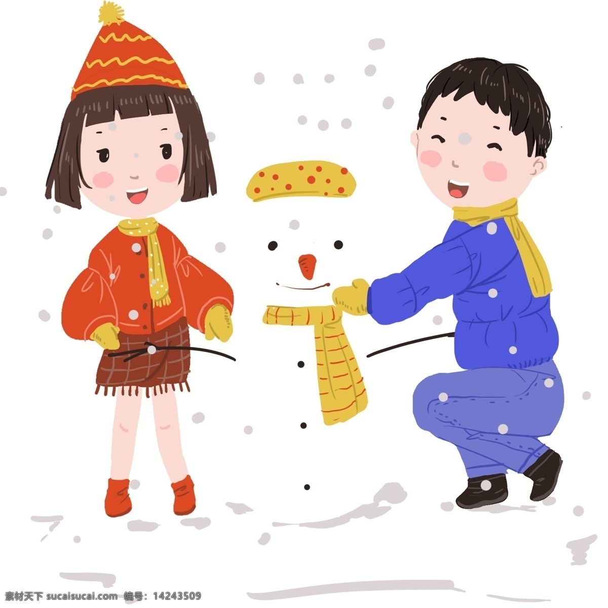下雪天 亲子 之前 堆 雪人 冬天 温馨 小清新插画 黄色 雪花飞舞 愉快的时光 和蔼的爸爸 漂亮的雪人 开怀大笑 小女孩