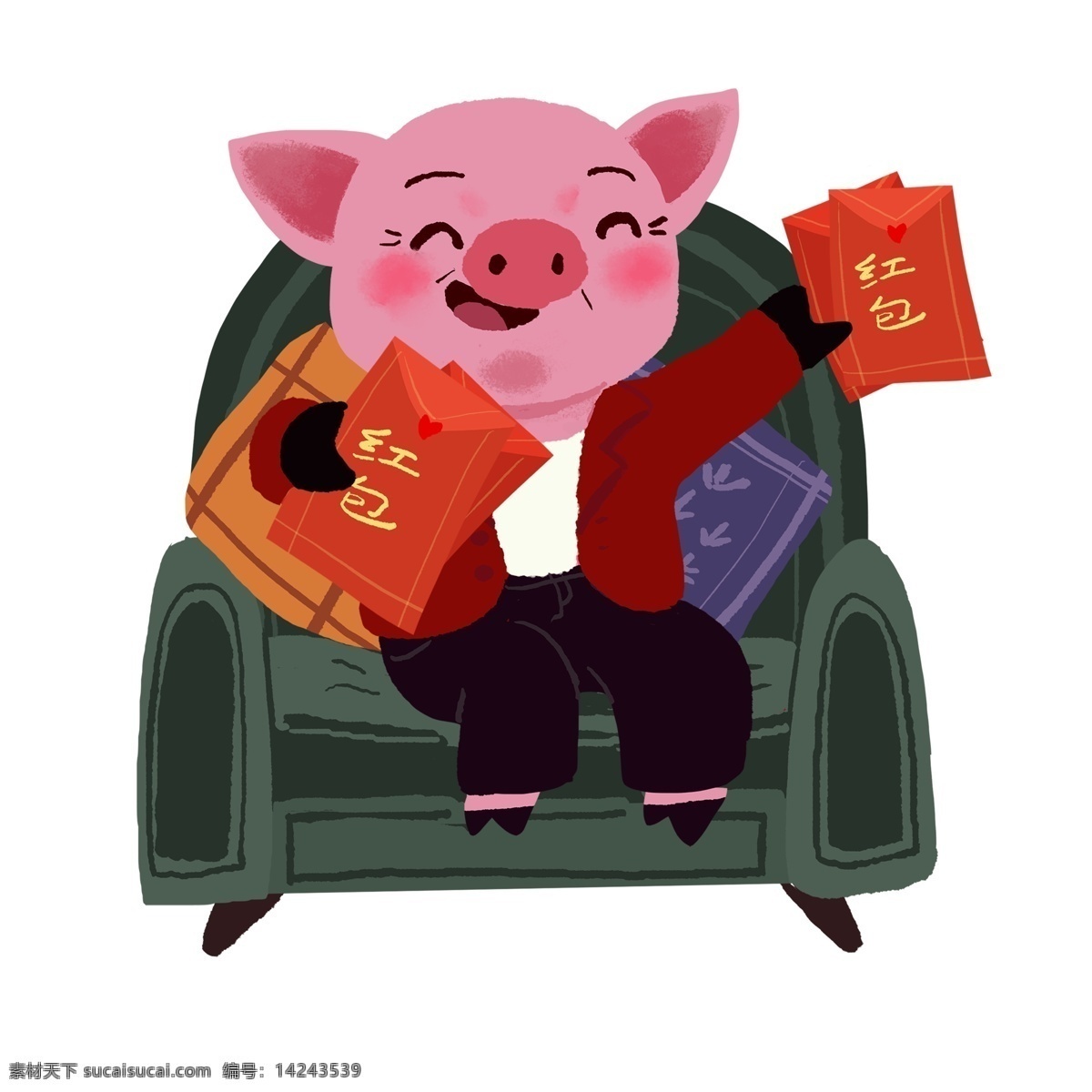过年 坐在 沙发 上 派 红包 猪 爸爸 卡通 插画 春节 手绘 新年 小猪 猪爸爸 抱枕 猪年